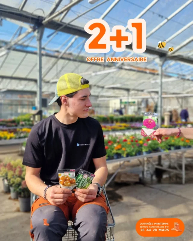 Les Journées Printemps fêtent leurs 10 ans cette année 🥳

Et pour l'occasion notre offre 2 + 1 s'élargit encore et encore 👀

🌾 2 + 1 GRATUIT sur nos sachets de graines
👉 Choisissez 2 sachets, le 3ème vous est offert (à récupérer en caisse ou auprès de nos fournisseurs)

Parfait pour semer fleurs, légumes et aromates et voir votre jardin prendre vie 🌱

📅 Offre valable pendant les Journées Printemps 
26 - 27 - 28 Mars 

📍 Végétalerie Ferriere Fleurs - L'Arbresle 

#promotion #graine #ferrierefleurs #semer #gratuit