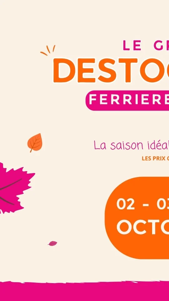 On a pas eu le temps de tout vous dire la dernière fois !

Pour le GRAND DESTOCKAGE, on a aussi prévu :
🌿 -50% sur de beaux sujets : le champs d'olivier, une sélection de palmiers, de poterie et de quelques sujets d'exception
🌱 2 + 1 sur notre terreau horticole : vous en acheter 2, on vous offre le 3ème (pratique pour planter toutes vos belles trouvailles)

Cette fois on vous a presque tout dit, ou pas... à très vite ✌️

📅 Les 02, 03 et 04 octobre 
📍 Végétalerie Ferriere Fleurs, L'Arbresle (69)

#ferrierefleurs #jardinerie #plantation #olivier #terreau